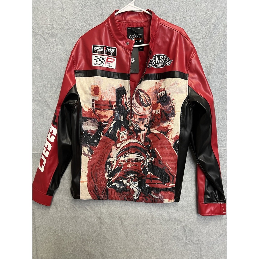 Copper Rivet Speed Freak Racing Jacket Red Faux Leather Tapestry Moto Mens XL